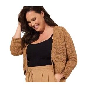 Torrid Pointelle Tie Front Shrug Sweater in Tobacco Brown Size 2
